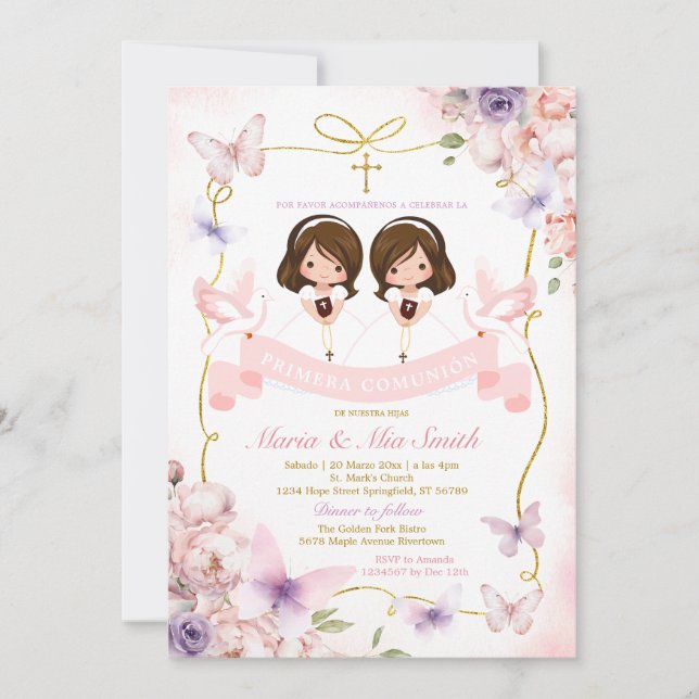 Rosa & Lila Twin Girl Bible Primera Comunión Inbjudningar (Framsida)