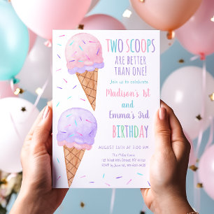 Rosa Lila Two Scoops Ice Cream Joint Birday Inbjudningar