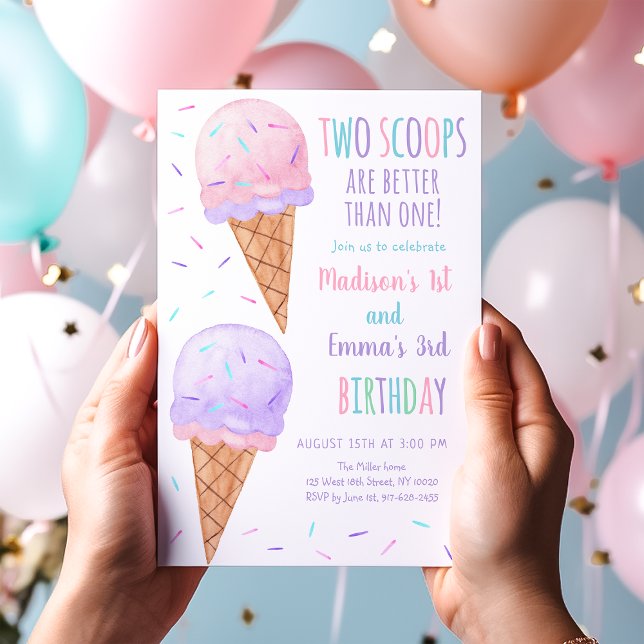 Rosa Lila Two Scoops Ice Cream Joint Birday Inbjudningar (Skapare uppladdad)