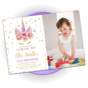 Rosa Lila Unicorn Birthday-inbjudningar med foto Inbjudningar