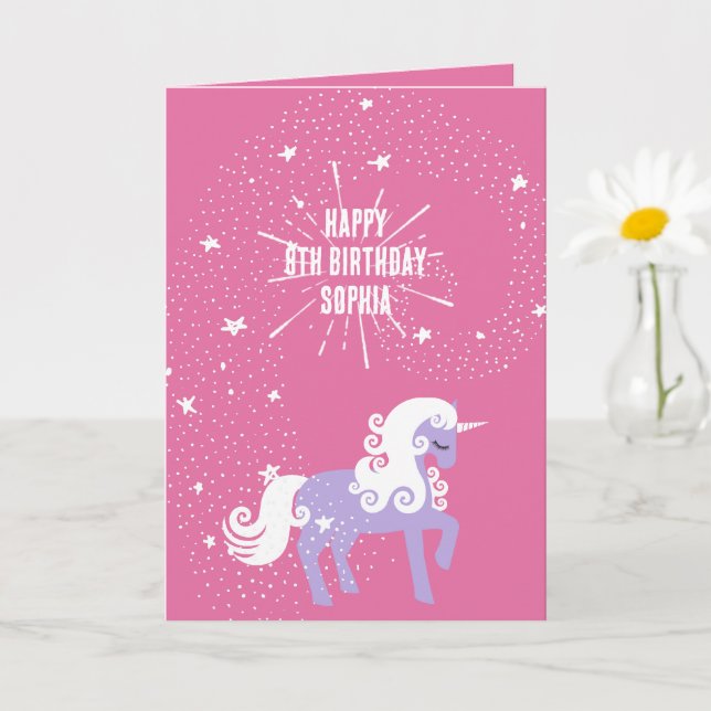 Rosa Lila Unicorn Birthday Kort (Liten växt)