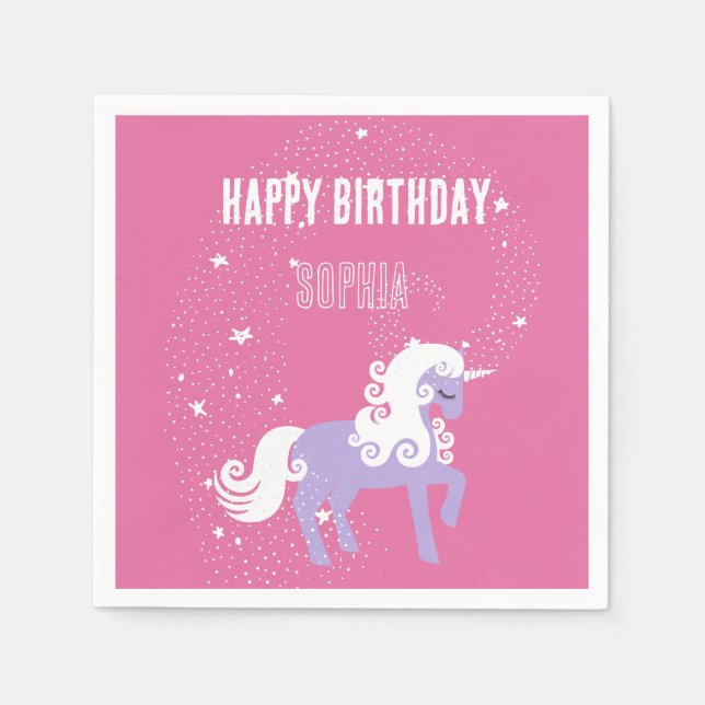 Rosa Lila Unicorn Birthday Pappersservett (Framsidan)