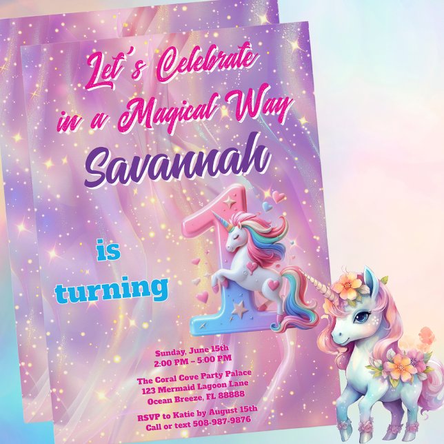 Rosa Lila Unicorn First Birthday Call Inbjudningar (Magical Unicorn Birthday Party Invitation)