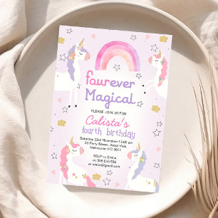 Rosa Lila Unicorn Fourever Magic 4e födelsedagen Inbjudningar