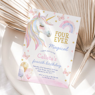 Rosa Lila Unicorn Fyra gånger magiska 4e födelseda Inbjudningar