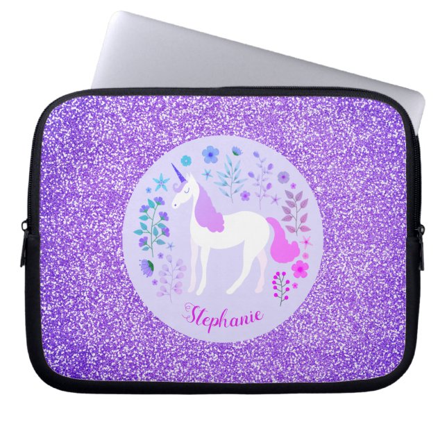 Rosa Lila Unicorn Glitter Personlig Laptop Fodral (Framsidan)