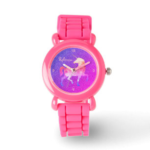 Rosa Lila Unicorn Glitter Watch Namn Armbandsur