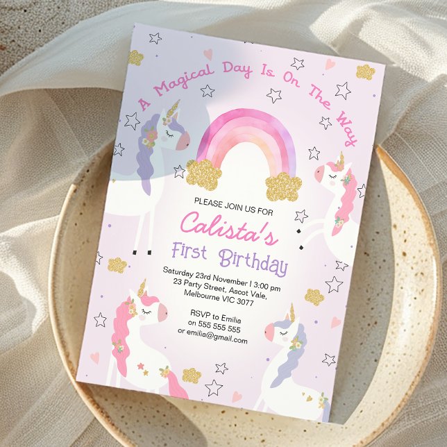 Rosa Lila Unicorn Magic Day 1:a födelsedagen Inbjudningar (Pink and Purple Magical Day Unicorn 1st Birthday Invitation. Unicorn themed birthday party Invite, )