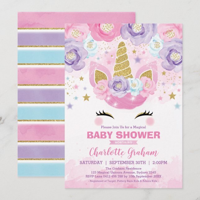 Rosa Lila Unicorn Magic Stars Baby Shower Inbjudningar (Fram/baksida)
