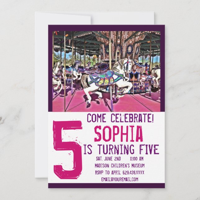 Rosa Lila Uppmaningar till Carousel Horse Birthday Inbjudningar (Framsida)