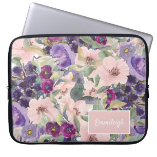 Rosa lila vattenfärg Blommig Monogram Namn Laptop Fodral