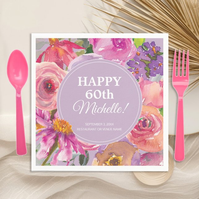 Rosa Lila Vattenfärgad Blommigt 60:e födelsedagen Pappersservett (Elegant pink and purple watercolor floral 60th birthday party paper napkins)