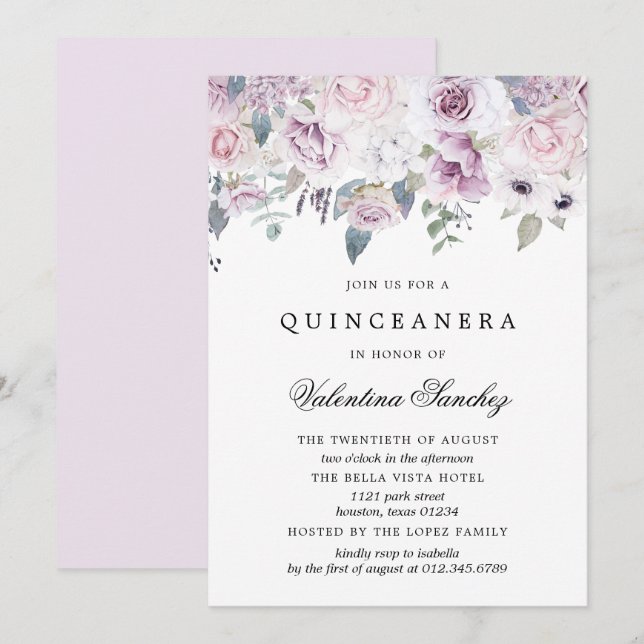  Rosa Lila Vattenfärgad Blommigt Quinceanera Inbjudningar (Fram/baksida)