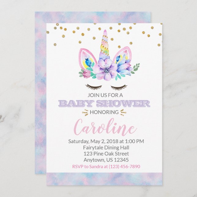 Rosa & Lila Vattenfärgsbabyskor för Stil Unicorn- Inbjudningar (Fram/baksida)