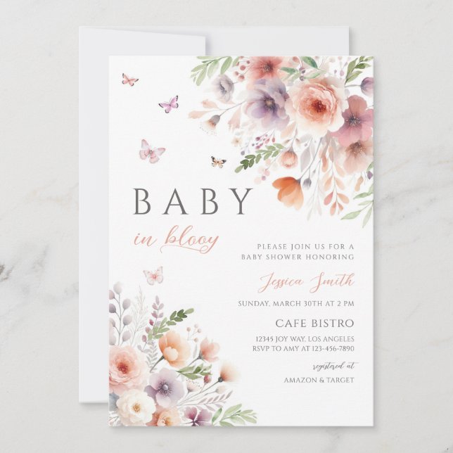Rosa lila vildblomma fjäril baby shower inbjudningar (Framsida)