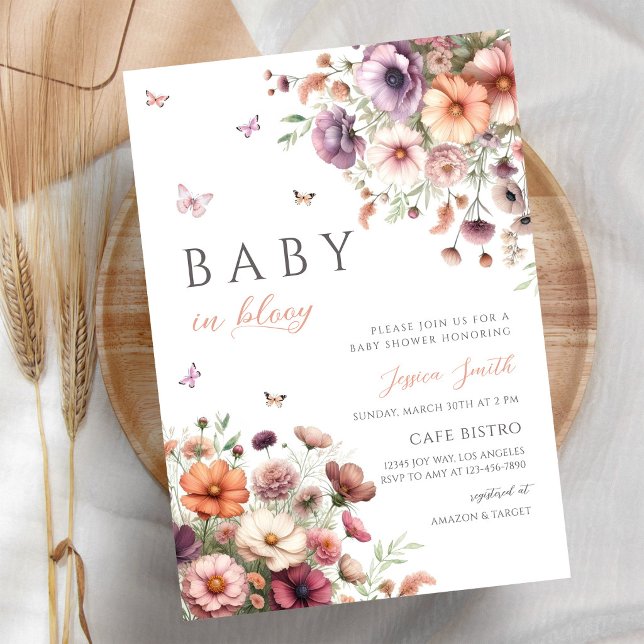 Rosa lila vildblomma fjäril baby shower inbjudningar (Skapare uppladdad)