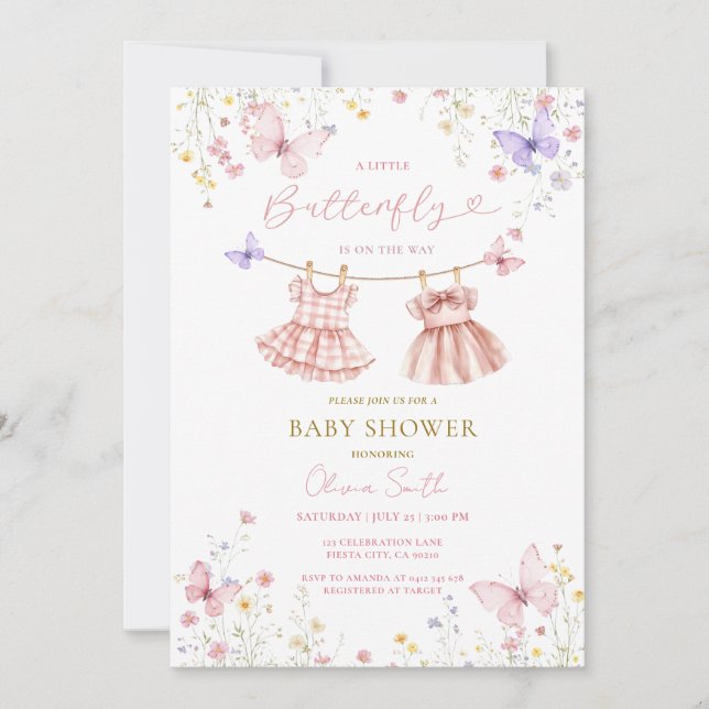 Rosa Lila Vildblomma Fjäril Baby Shower Inbjudningar (Framsida)
