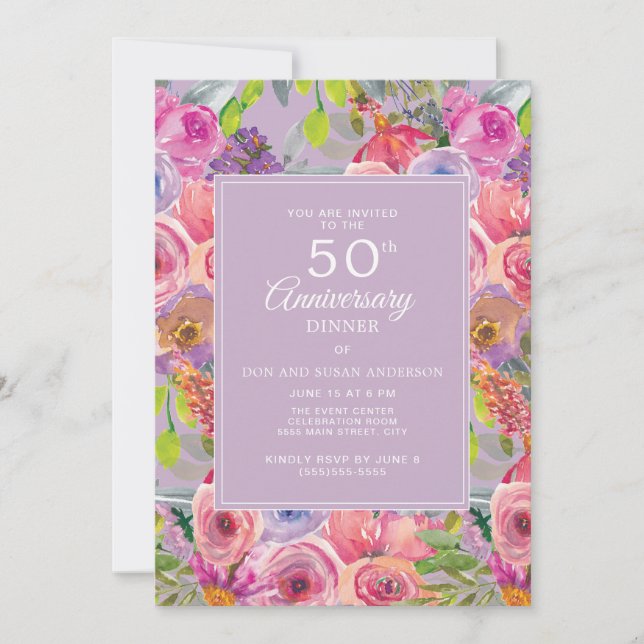 Rosa lila vildblommor 50-års bröllopsjubileum inbjudningar (Framsida)