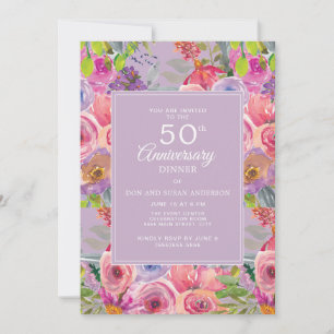 Rosa lila vildblommor 50-års bröllopsjubileum inbjudningar