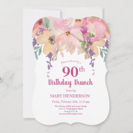 Rosa Lila Watercolor Blommigt 90:e Birthday Brunch Inbjudningar