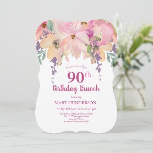 Rosa Lila Watercolor Blommigt 90:e Birthday Brunch Inbjudningar