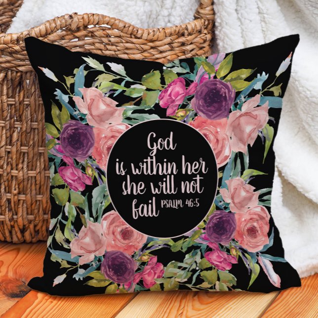 Rosa Lila Watercolor Blommigt Christian Bible Kudde (Pink and purple floral "God is within her, she will not fail" decorator pillow)