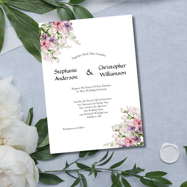 Rosa Lila Watercolor Blommigt Greenery Bröllop Inbjudningar (Pink purple watercolor floral elegant formal wedding invitation. Printed or Instant digital download)