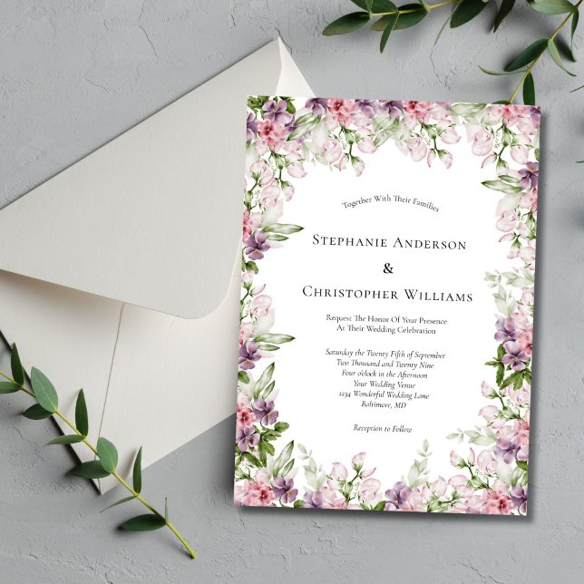 Rosa Lila Watercolor Blommigt Greenery Bröllop Inbjudningar (Pink Purple Watercolor Floral Elegant Modern Wedding Invitation. Printed or Digital Download)