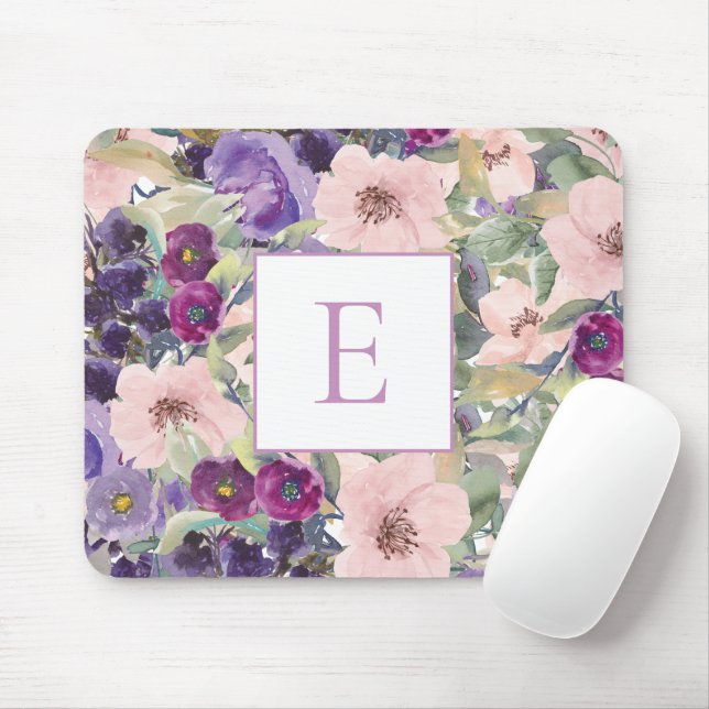  Rosa Lila Watercolor Blommigt Monogram Musmatta (Med mus)