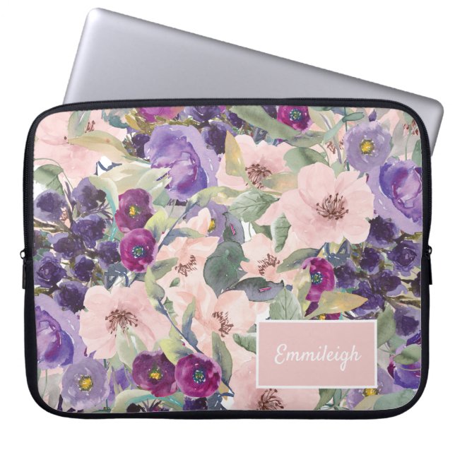  Rosa Lila Watercolor Blommigt Monogram Namn Laptop Fodral (Framsidan)