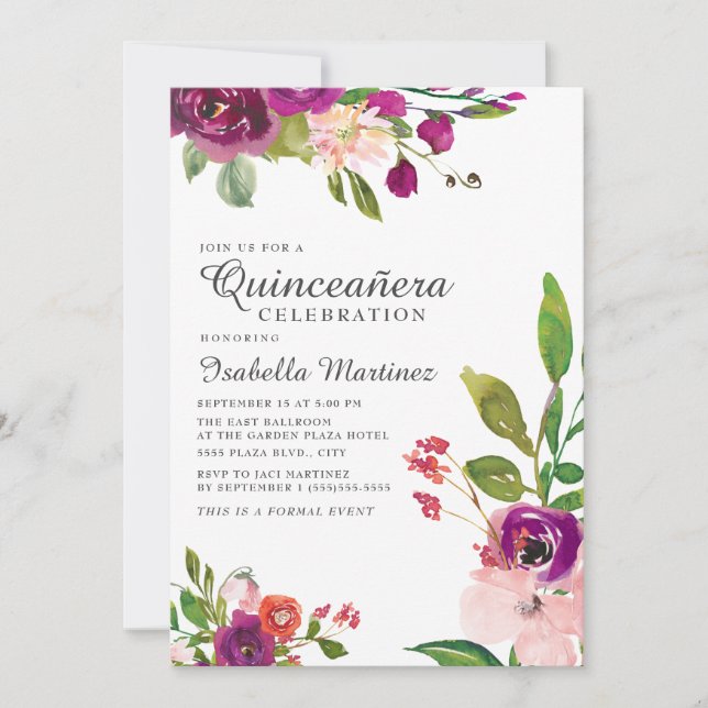 Rosa Lila Watercolor Blommigt Quinceañera Inbjudningar (Framsida)