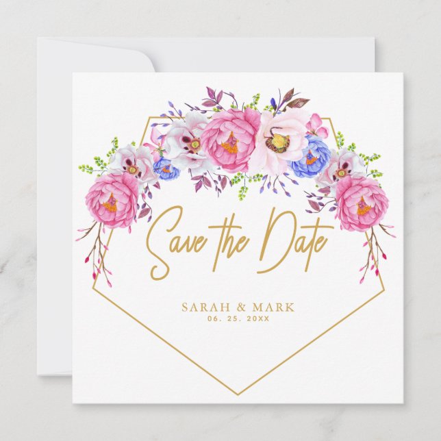 Rosa Lila Watercolor Blommigt Ram Sparar datumet Inbjudningar (Framsida)