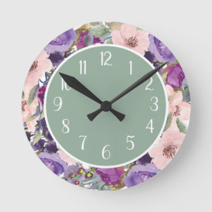  Rosa Lila Watercolor Blommigt Sage Grönt  Rund Klocka