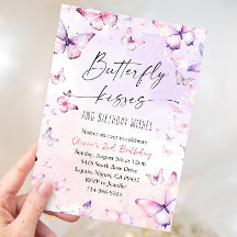 Rosa Lila Watercolor Butterfly Kisses Birthday