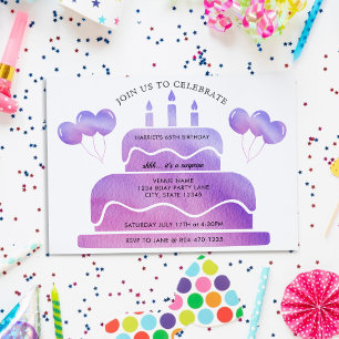 Rosa Lila Watercolor Cake Balloons 65e Birthday Inbjudningar
