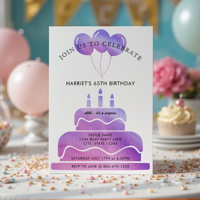Rosa Lila Watercolor Cake Balloons 65e Birthday Inbjudningar (Skapare uppladdad)