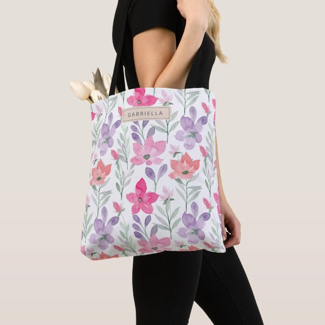 Rosa Lila Watercolor Flowers Blommigt Personlig Tygkasse (Närbild)