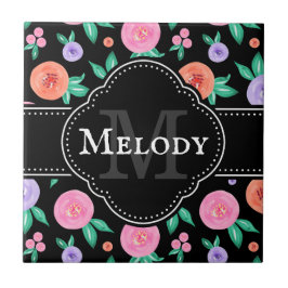 Rosa/Lila Watercolor Ro Mönster på svart Kakelplatta