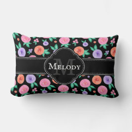 Rosa/Lila Watercolor Ro Mönster på svart Lumbarkudde