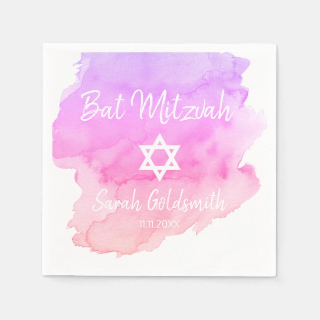 Rosa Lila Watercolor Star of David Bat mitzvah Pappersservett (Framsidan)