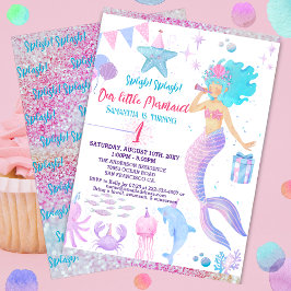 Rosa Lila Whimsical Girl 1 Sjöjungfru Birthday Inbjudningar