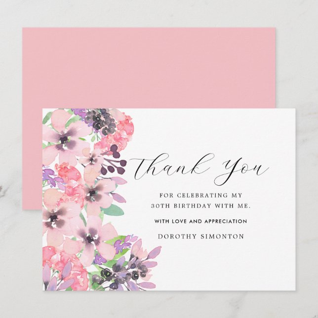 Rosa Lila Wildblomme 30års födelsedag Tack (Fram/baksida)