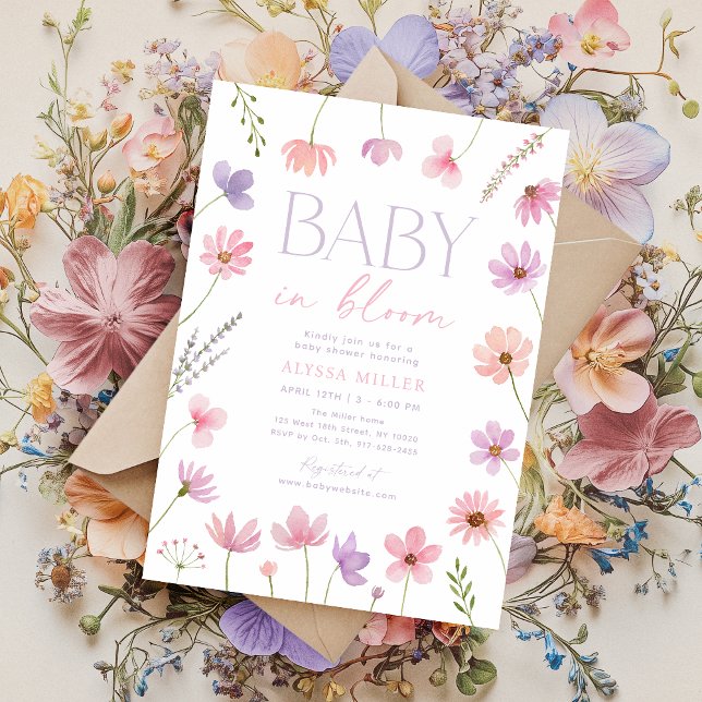 Rosa Lila Wildblommor Baby i Bloom Baby Shower Inbjudningar (Skapare uppladdad)