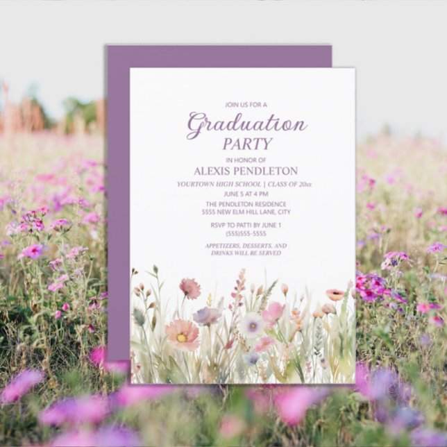 Rosa Lila Wildwers High School Studenten Inbjudningar (Wildflowers purple graduation party invitations)