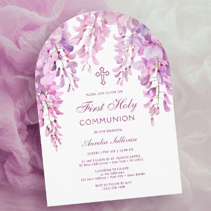 Rosa lila Wisteria valv First Communion Inbjudningar