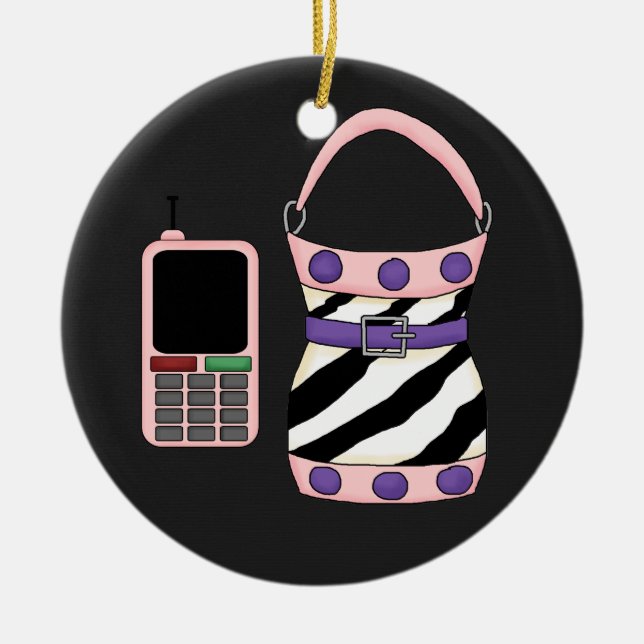 Rosa Lila Zebra Rand Purse and Rosa Cell Mobil Julgransprydnad Keramik (Framsidan)