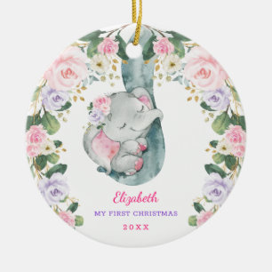 Rosa Lilac Blommigt Elephant Baby Första jul Julgransprydnad Keramik
