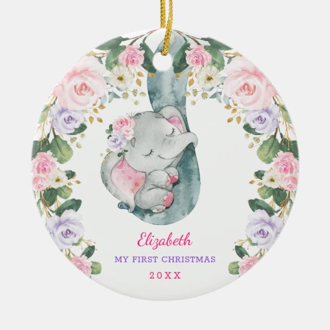 Rosa Lilac Blommigt Elephant Baby Första jul Julgransprydnad Keramik (Framsidan)