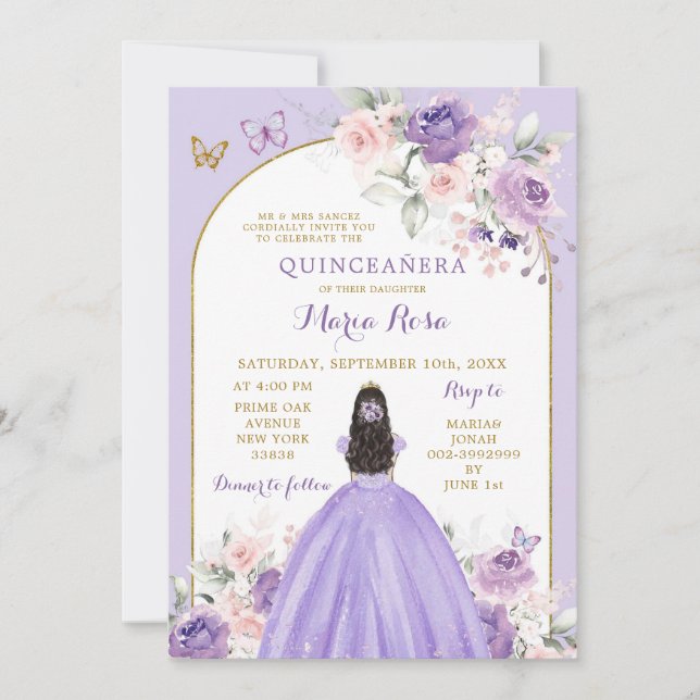  Rosa Lilac Blommigt Princess Quinceañera Inbjudningar (Framsida)