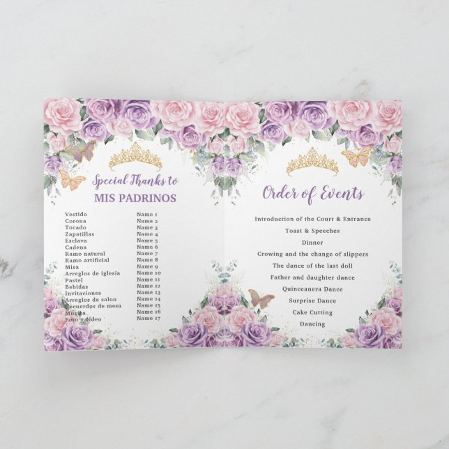 Rosa Lilac Blommigt Quinceañera Order of Events Program (Inuti)